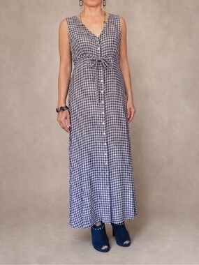 Max Studio Gingham Button Front Maxi Dress Medim Charcoal Gray/Dark Navy & Ivory